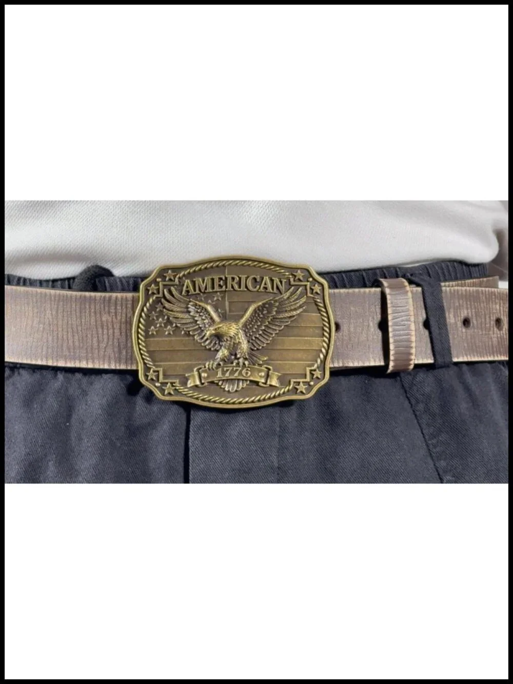Genuine Leather Western Belt with Bronze Eagle Buckle for Men